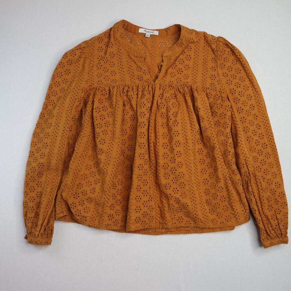 Madewell Eyelet Lace Tie Neck Long Sleeve Blouse Rust Orange Women's Medium